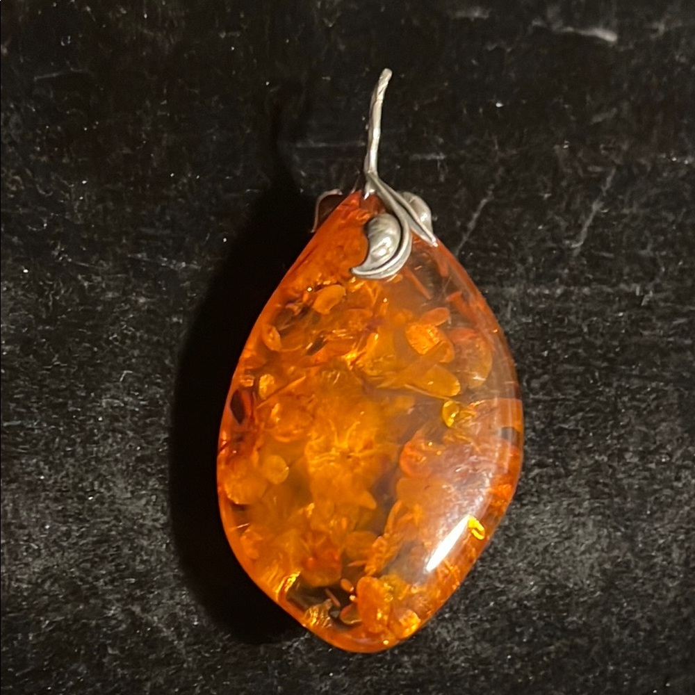 COPY - Large Sterling and Amber Pendant with Leaf Accent - Picture 1 of 7